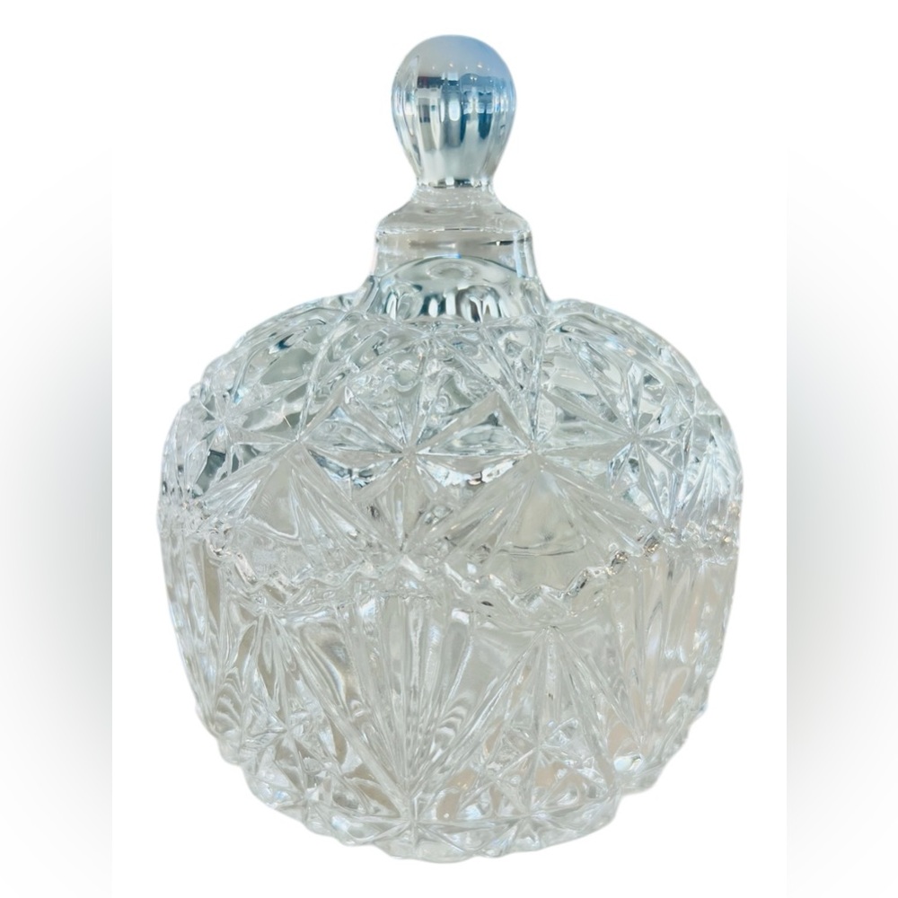 Vintage Cut Crystal Lidded Candy Dish Bowl – Starburst Pattern Pressed Glass